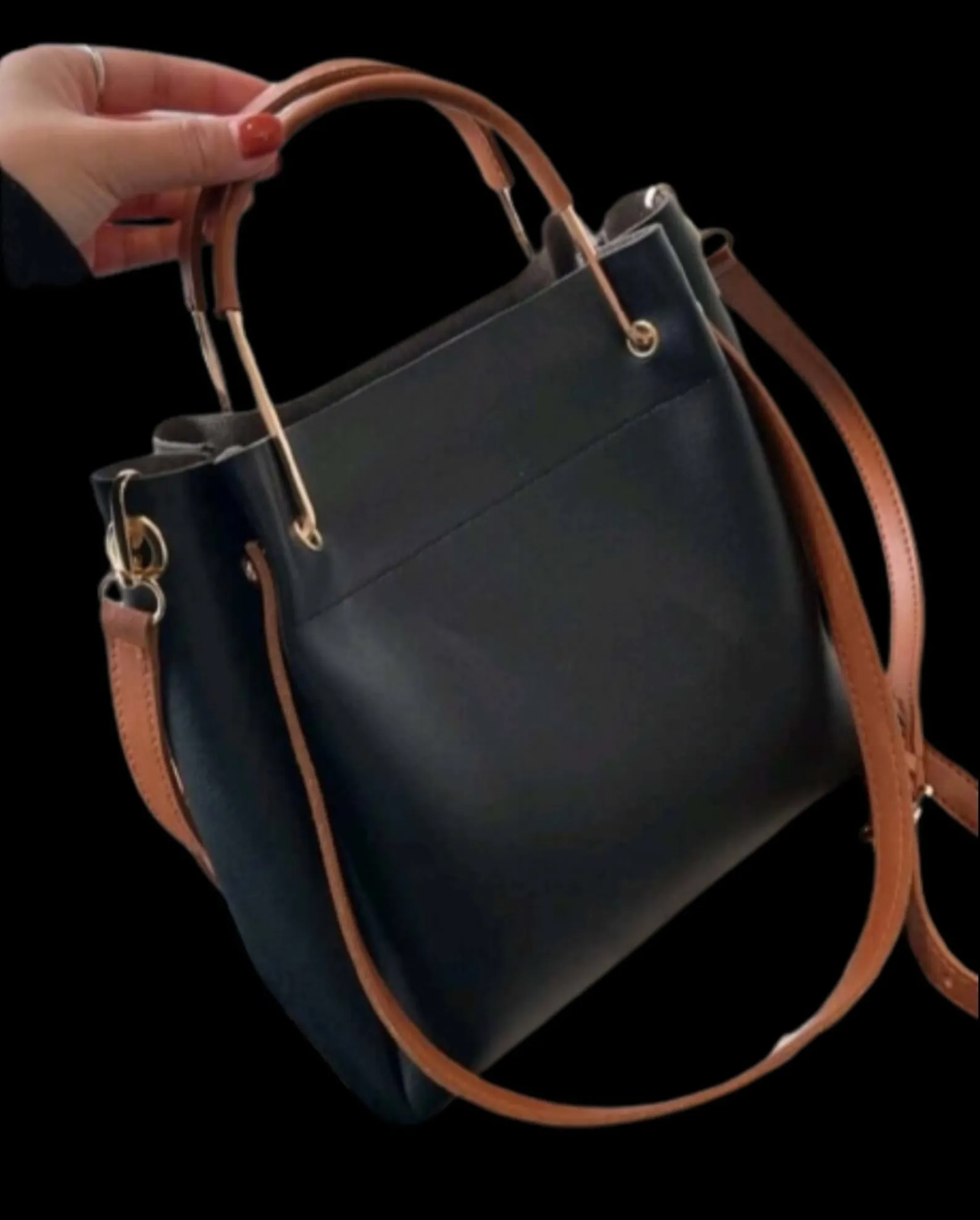 Brown Black Genuine Leather Tote Bag