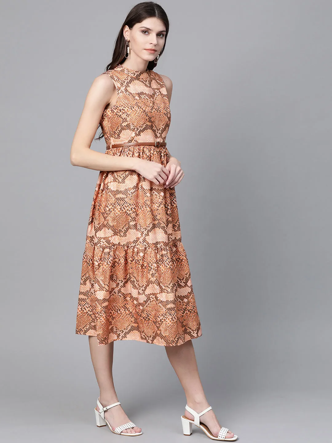 Brown Snake Print Tiered Belted Midi Dress