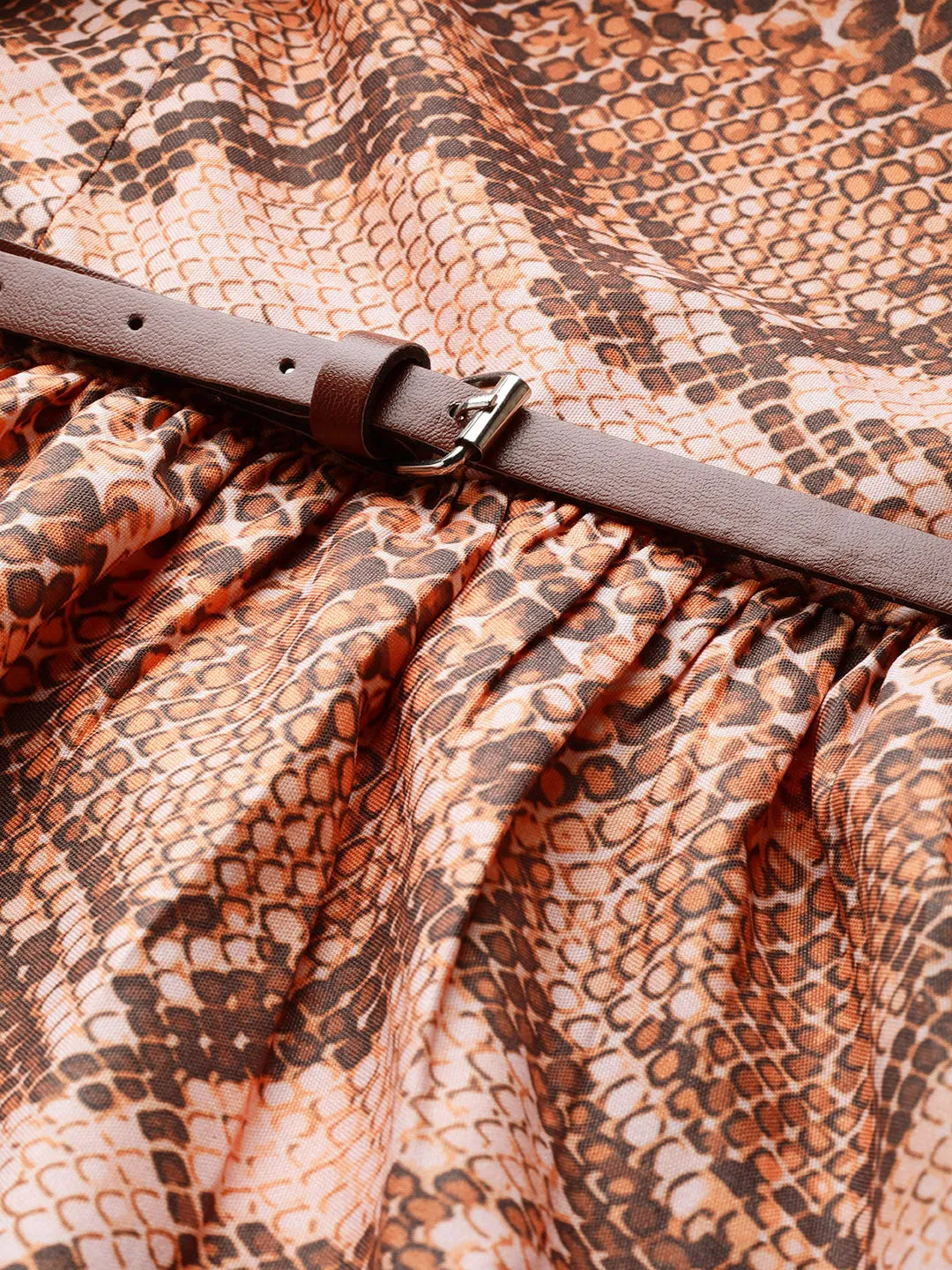 Brown Snake Print Tiered Belted Midi Dress