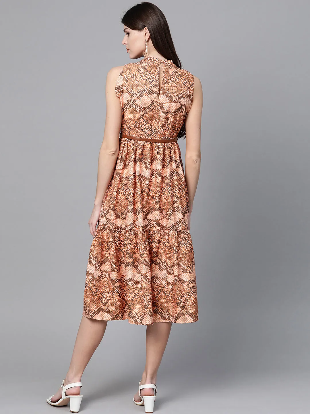 Brown Snake Print Tiered Belted Midi Dress