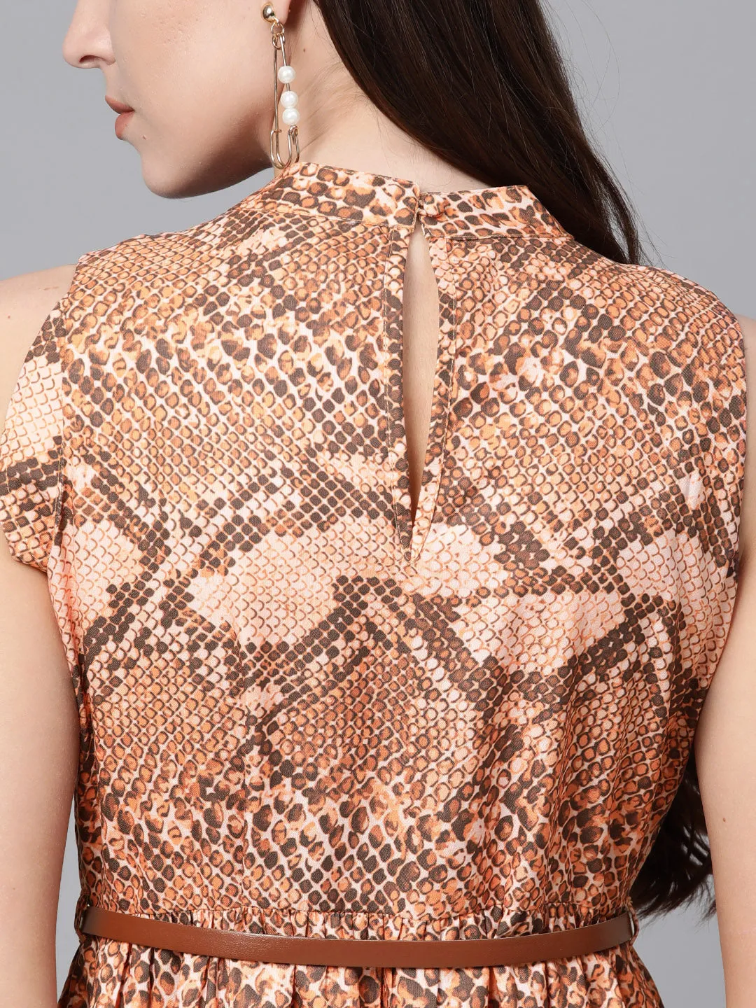 Brown Snake Print Tiered Belted Midi Dress
