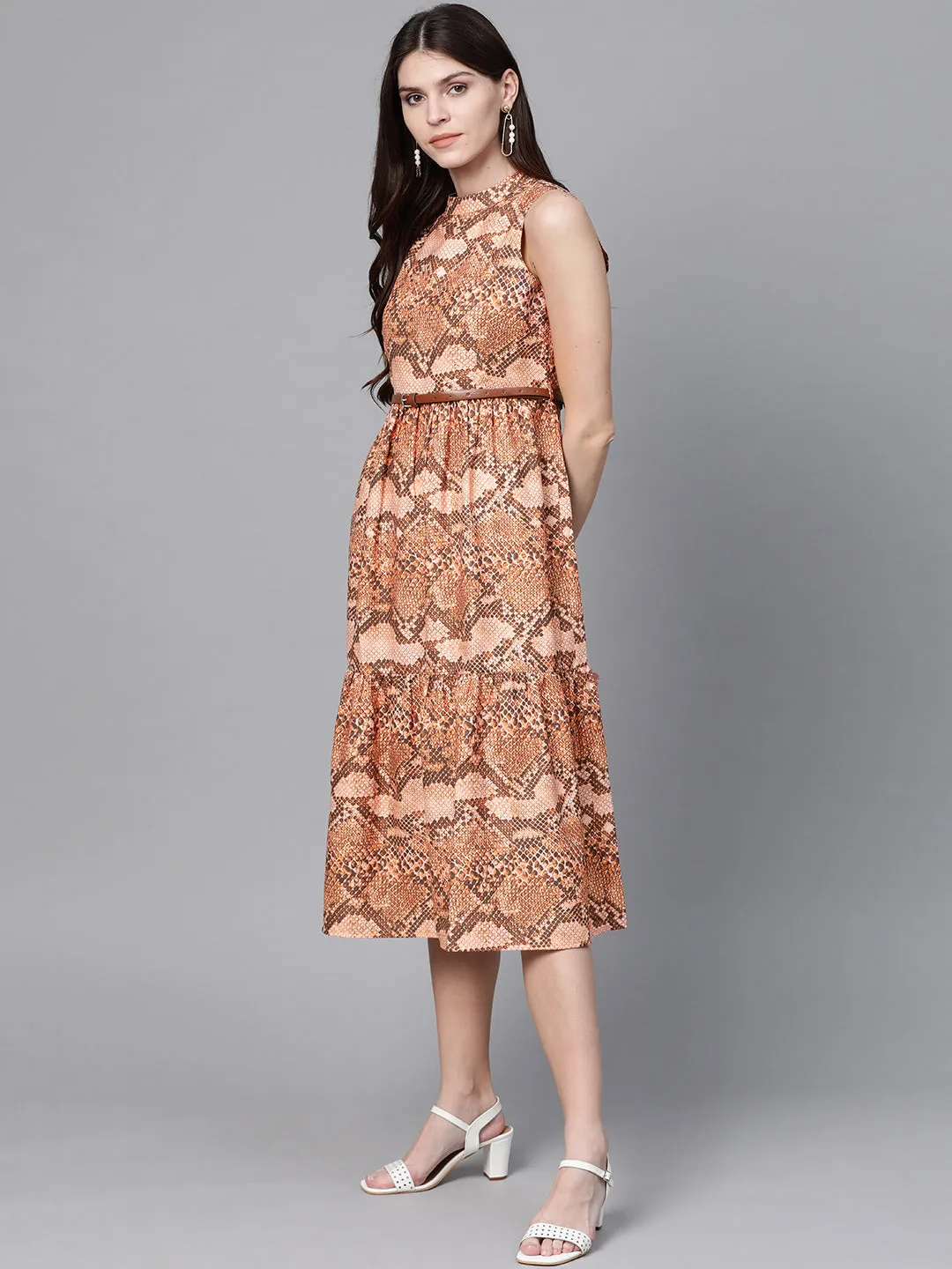 Brown Snake Print Tiered Belted Midi Dress