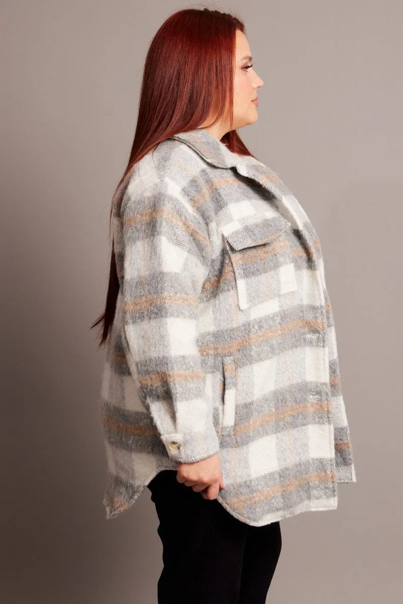 Grey Check Shacket Long Sleeve