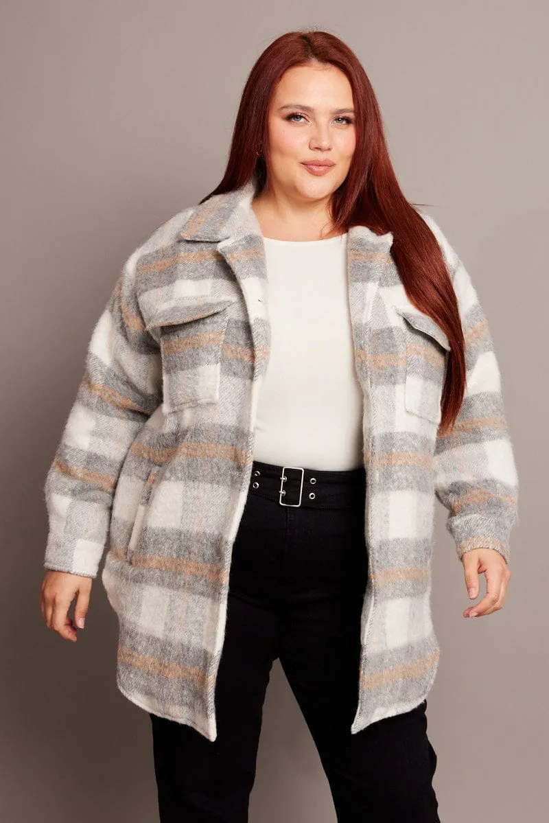 Grey Check Shacket Long Sleeve