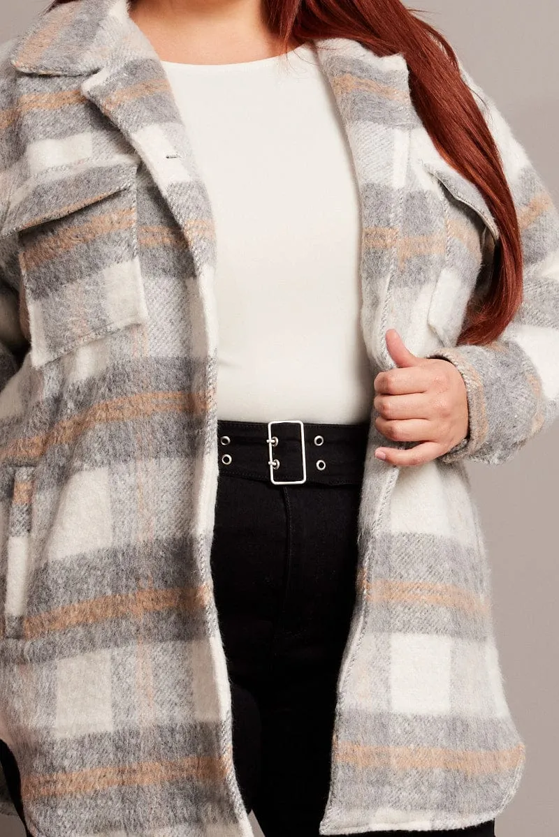 Grey Check Shacket Long Sleeve