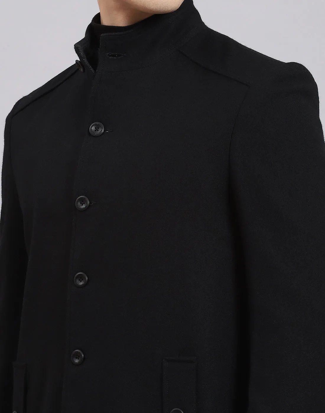 Men Black Solid Stand Collar Full Sleeve Coat