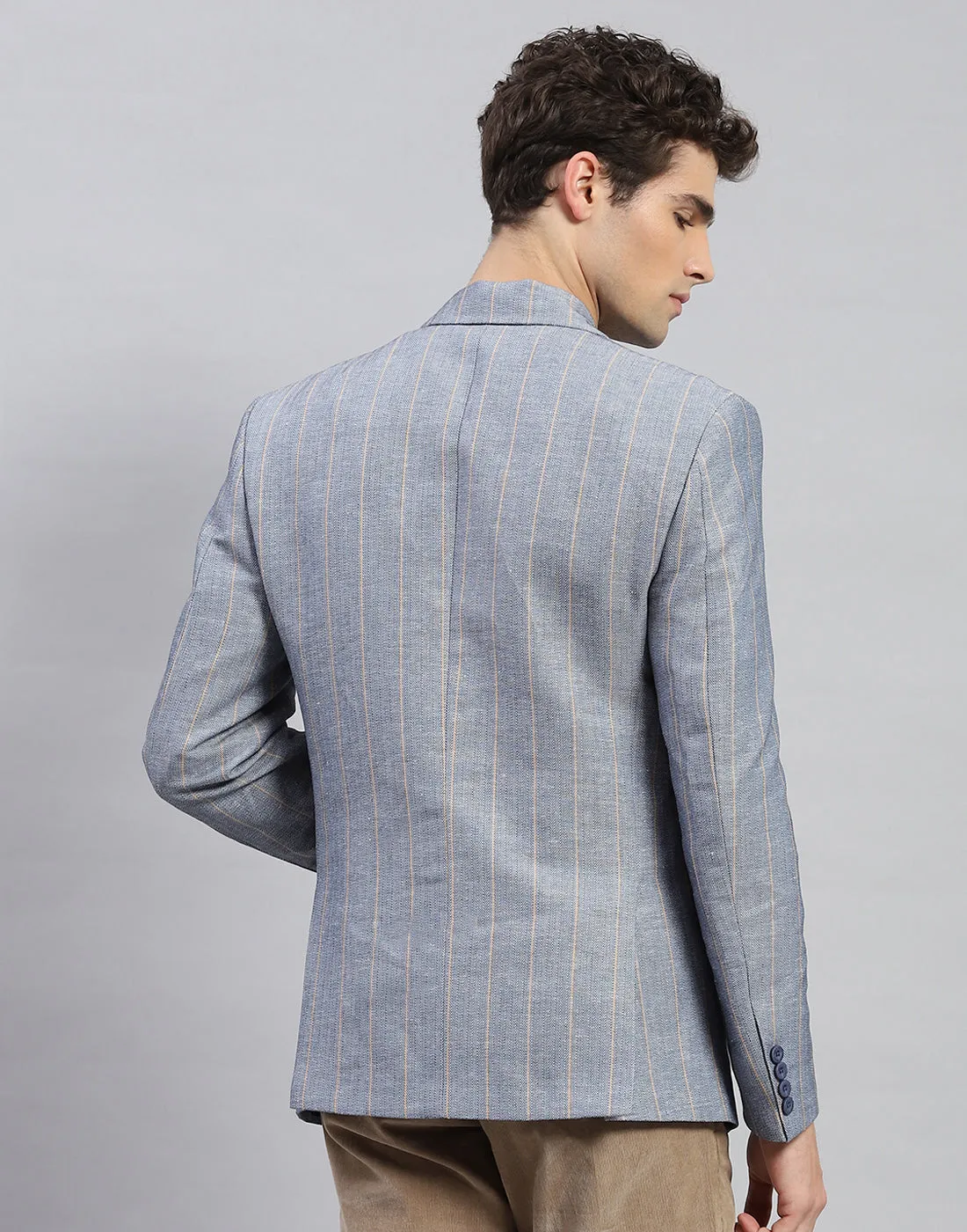 Men Grey Stripe Notch Lapel Collar Full Sleeve Blazer
