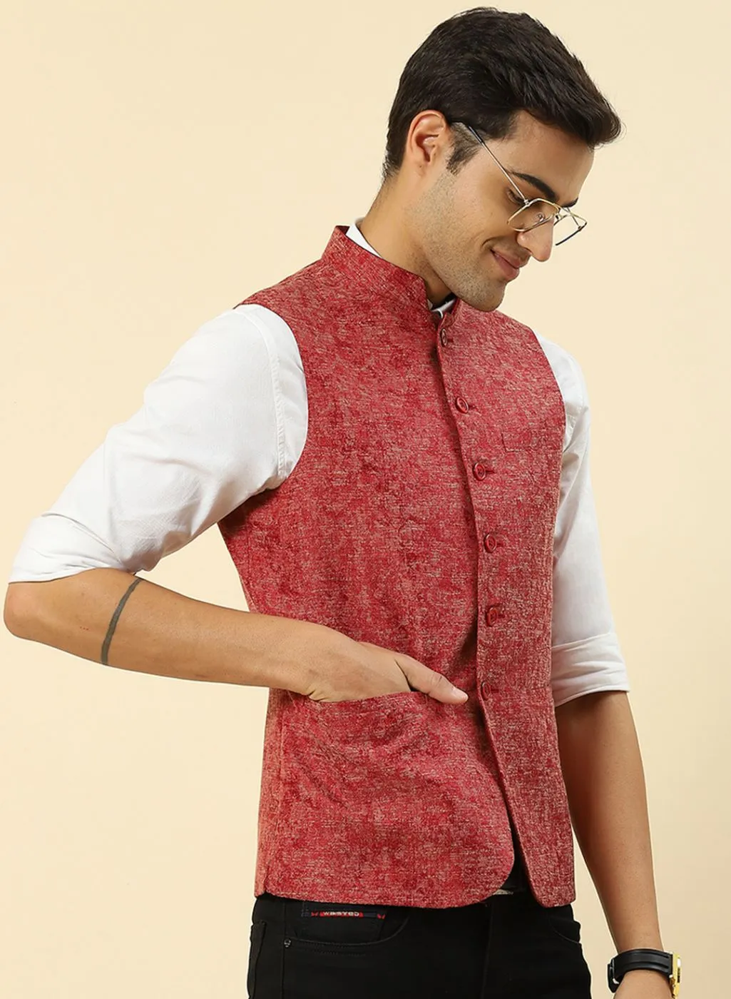 Men Red Solid Coat