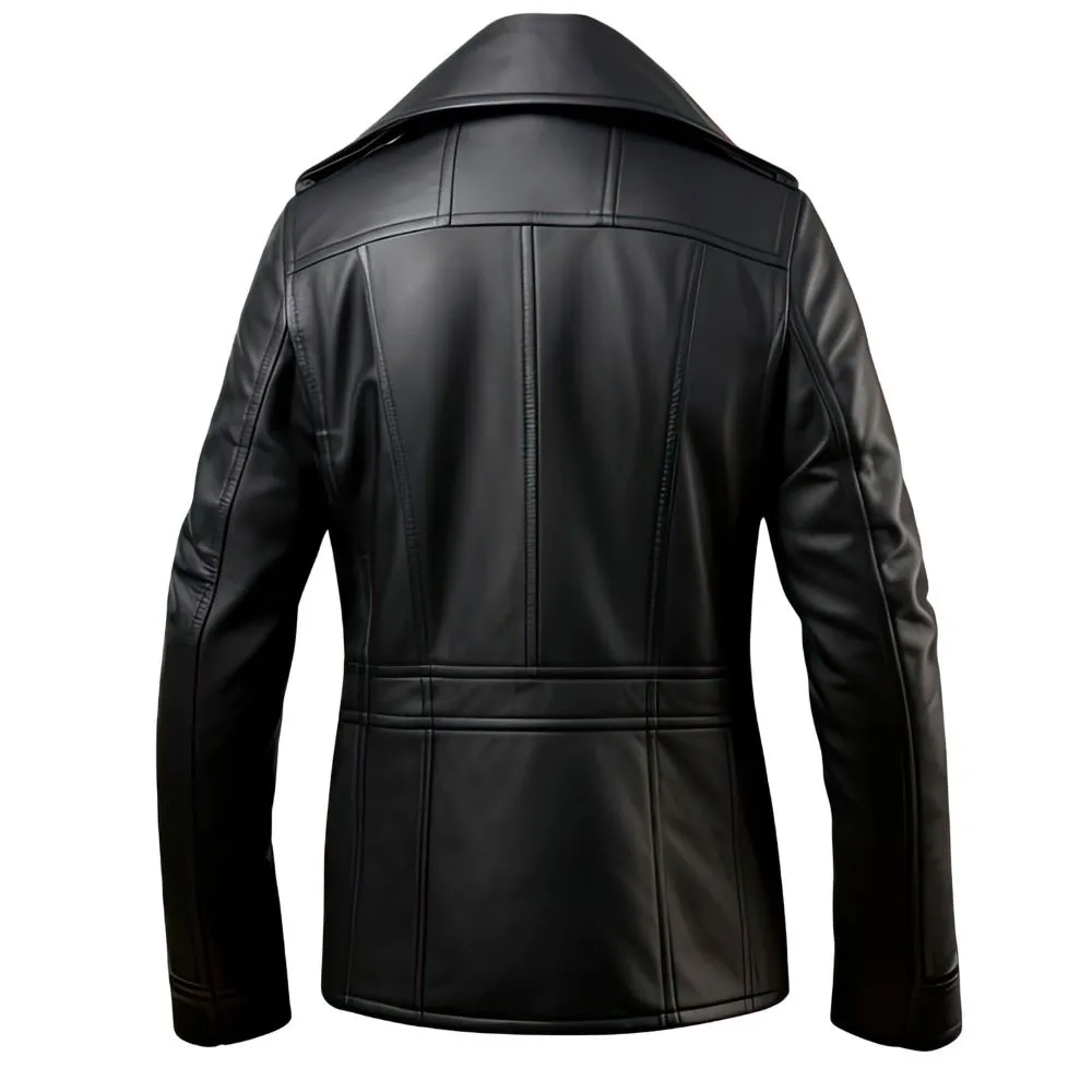 Men's Black Double Breasted Sheepskin Trench Pea Coat