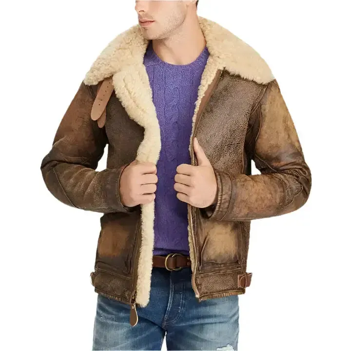 Men's Wax Brown Sheepskin Aviator Jacket – Flying Fur Shearling Style