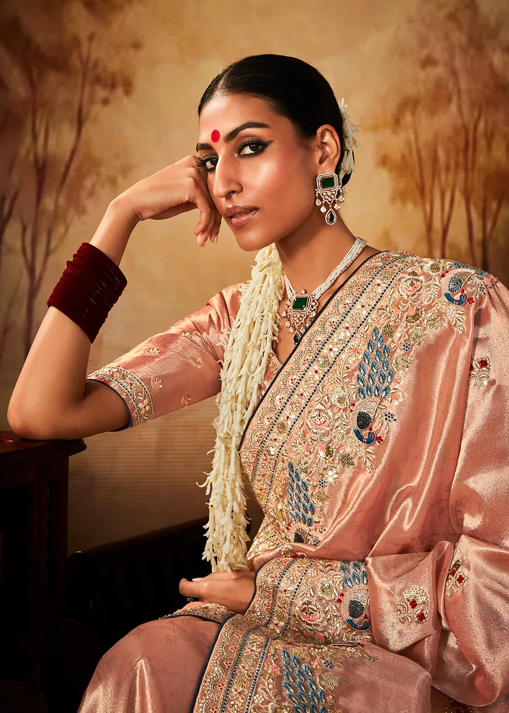 Peach Wedding Wear Embroidered Kanjivaram Silk Saree