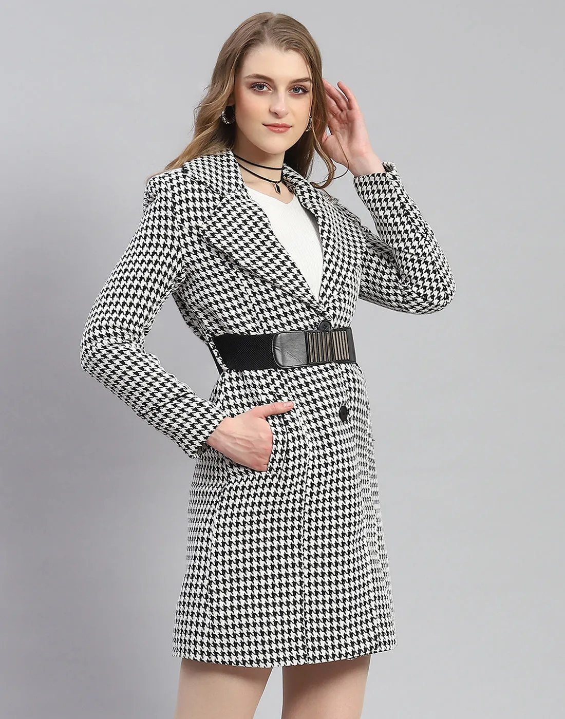 Women Black Self Design Lapel Collar Full Sleeve Coat