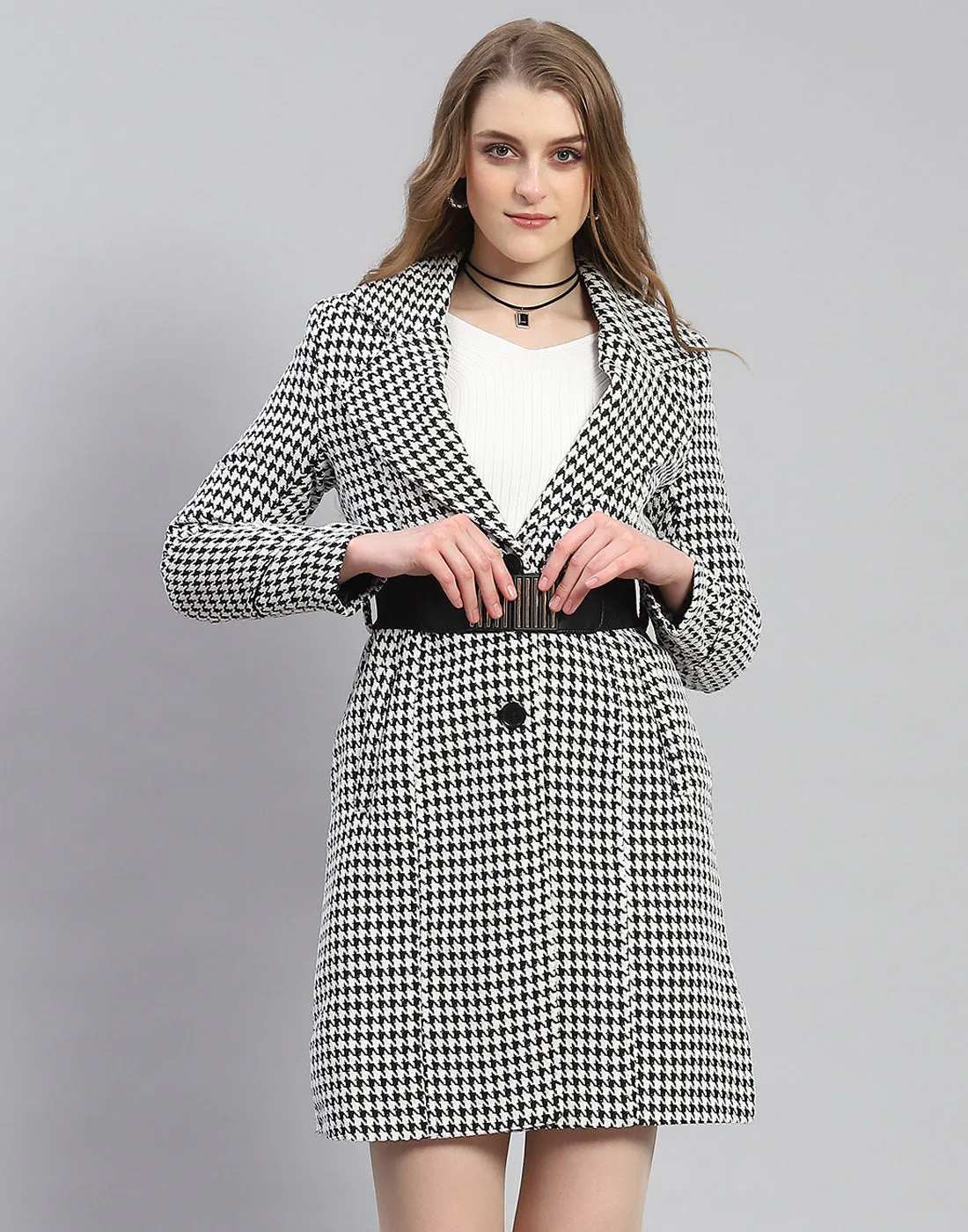 Women Black Self Design Lapel Collar Full Sleeve Coat